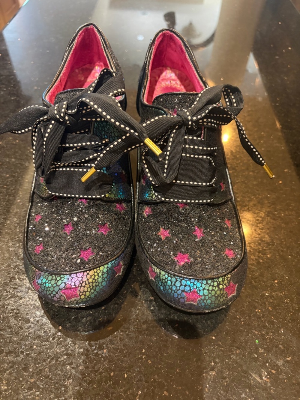 Irregular Choice Black Glitter chunky mid-heel with Rainbow Scale & Pink Stars - Picture 2 of 6